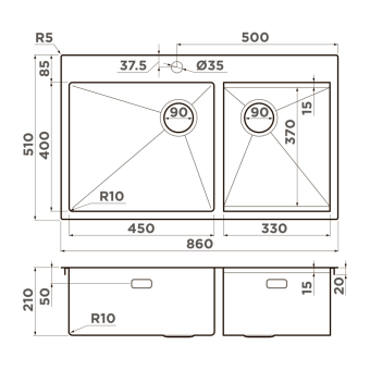 Детальное фото товара: Omoikiri Akisame 86-2 Side-IN, мойка, нержавеющая сталь